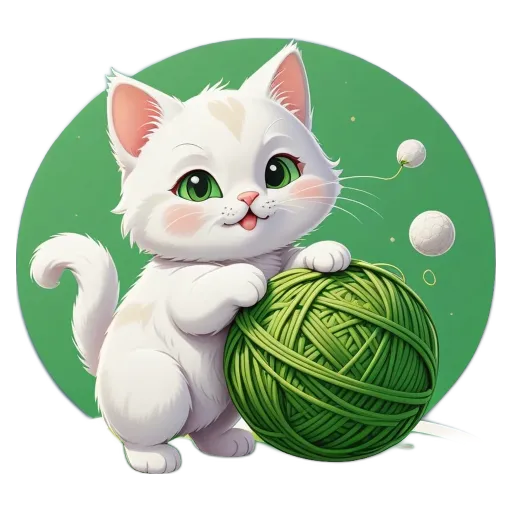 A white kitten playing with a ball of yarn.