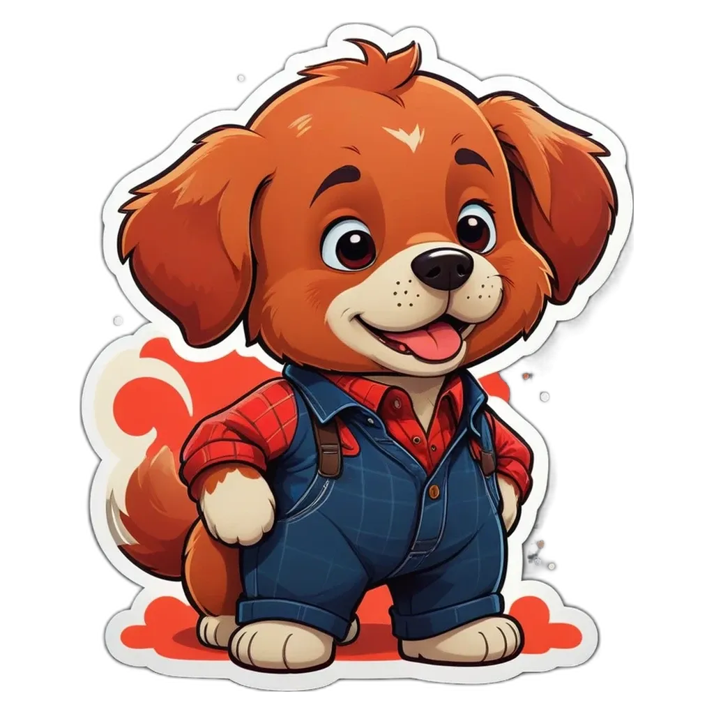 A cartoon dog wearing overalls and a red plaid shirt.