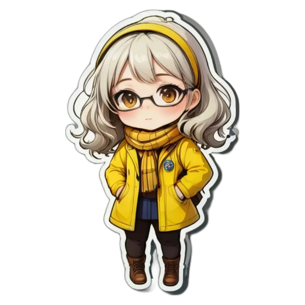 A girl wearing a yellow coat is standing up straight.