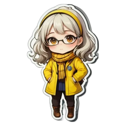 A girl wearing a yellow coat is standing up straight.