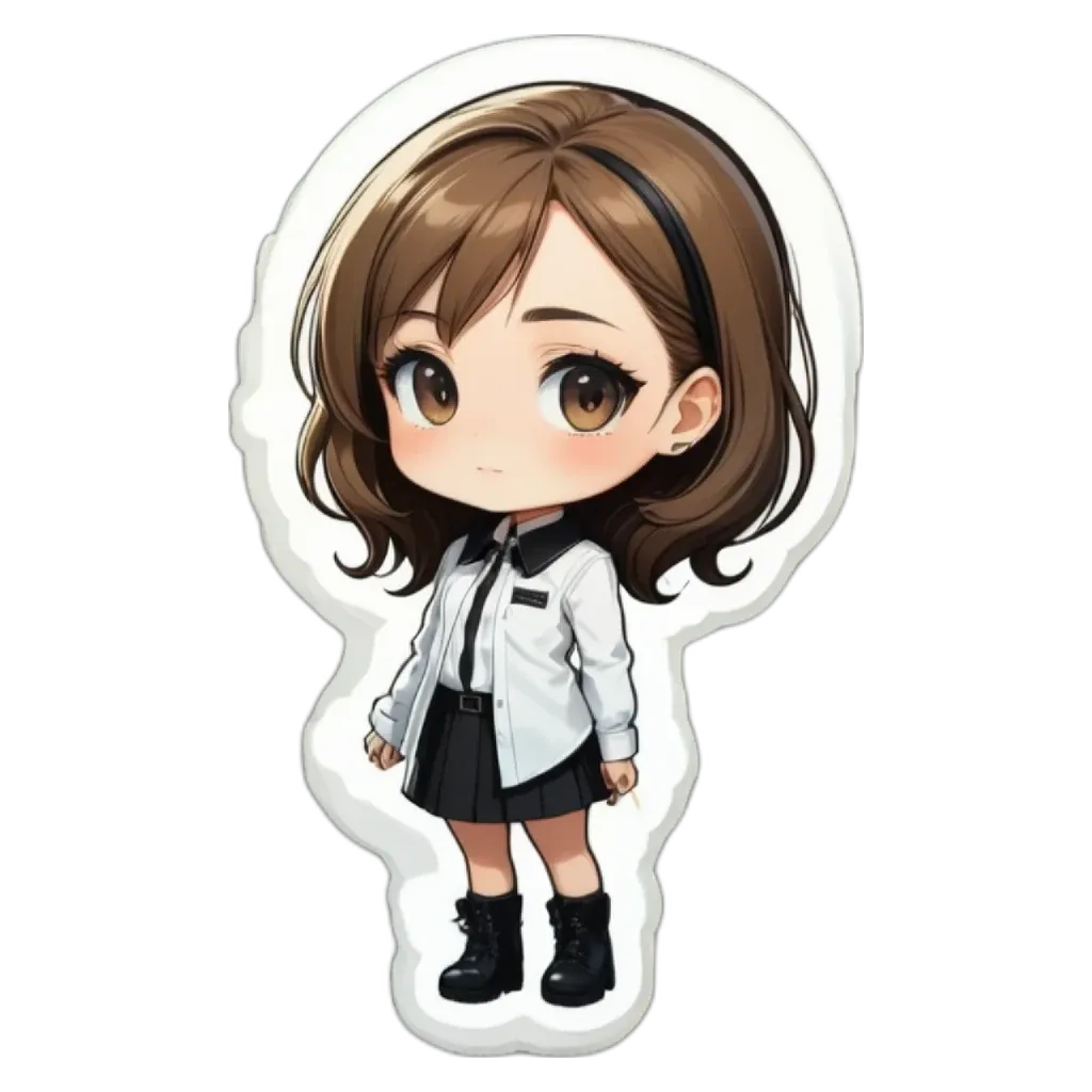 A girl is standing with black and white dress and shoes as shown on the sticker.