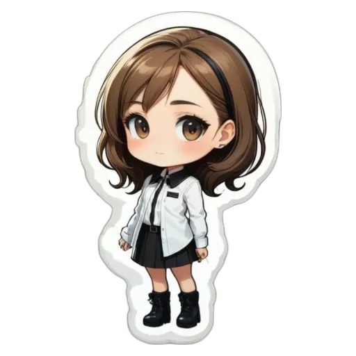 A girl is standing with black and white dress and shoes as shown on the sticker.