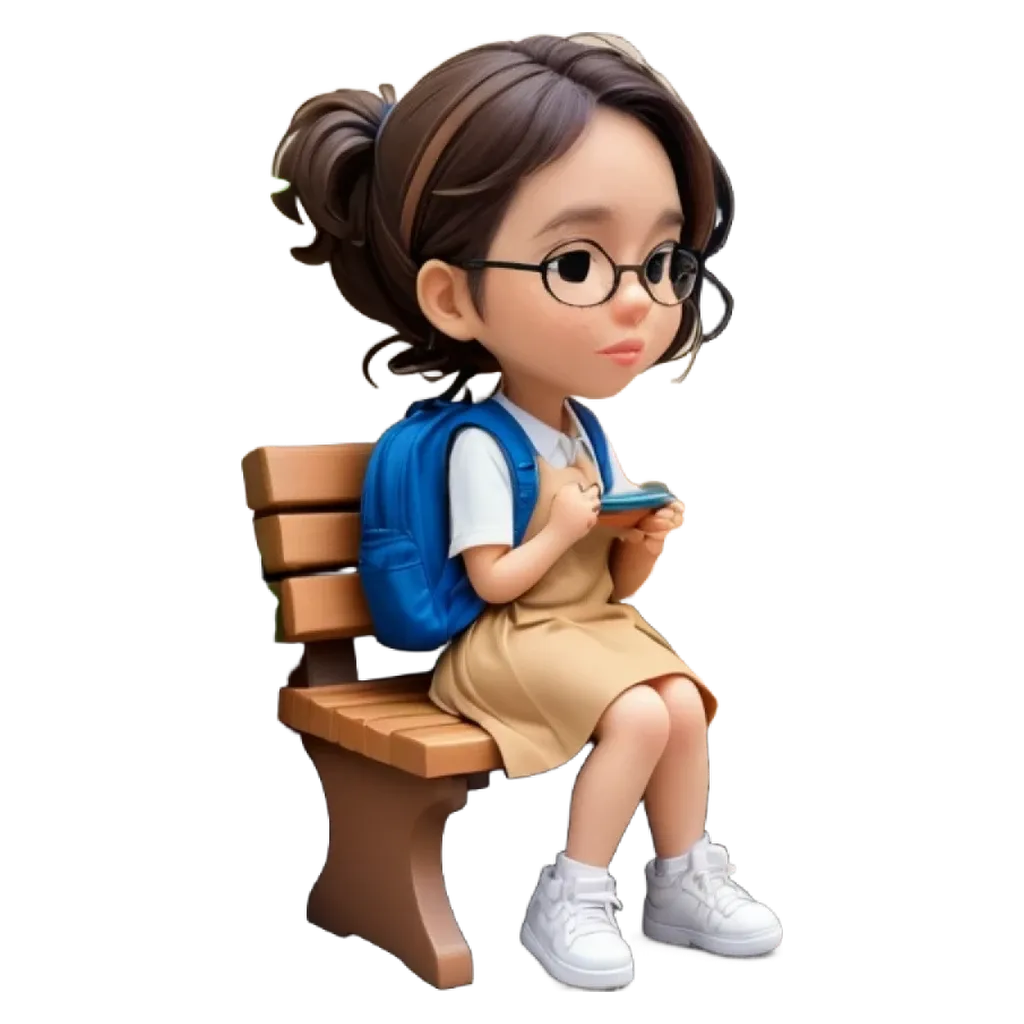 A girl wearing glasses sits on a bench.