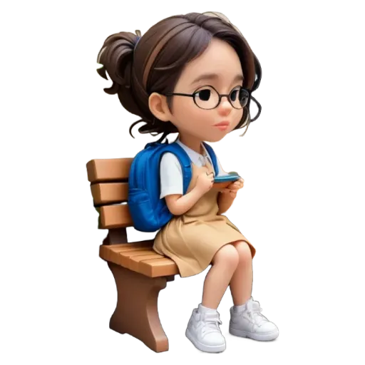 A girl wearing glasses sits on a bench.