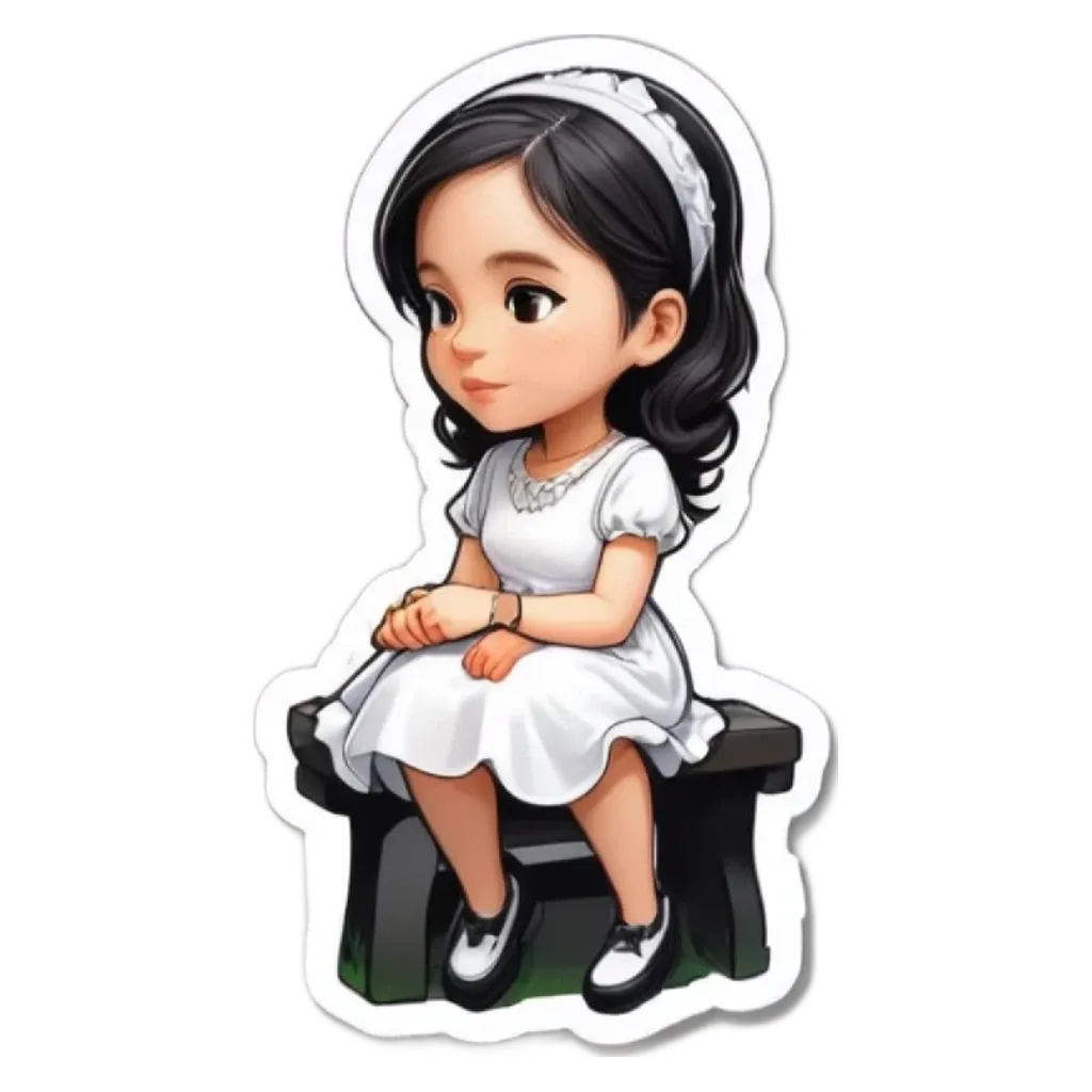 A girl is sitting on a bench wearing a white dress.