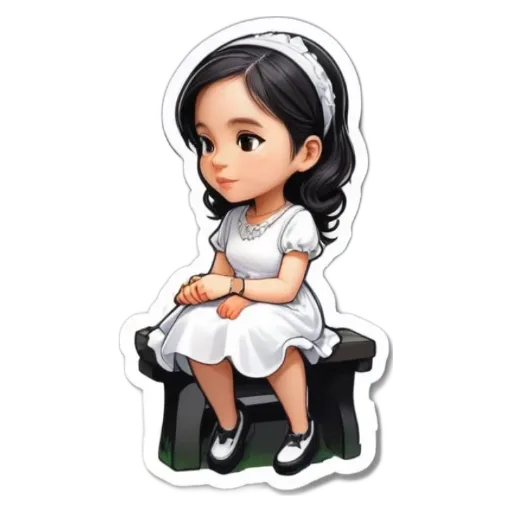 A girl is sitting on a bench wearing a white dress.