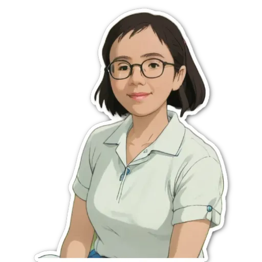 A girl wearing glasses sits in a white shirt.