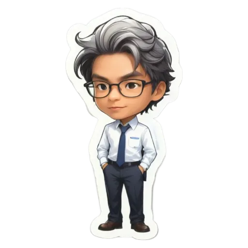 A boy wearing glasses and a tie in a cartoon character.