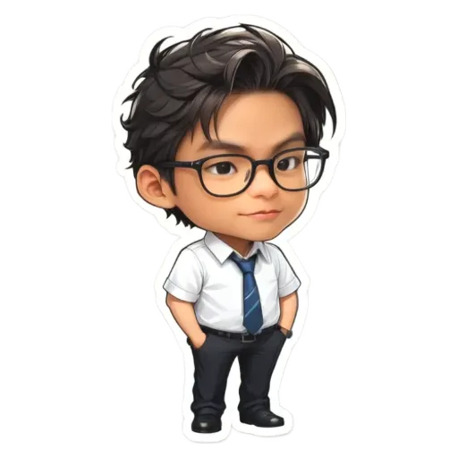 A boy wearing glasses and a tie in a cartoon character.