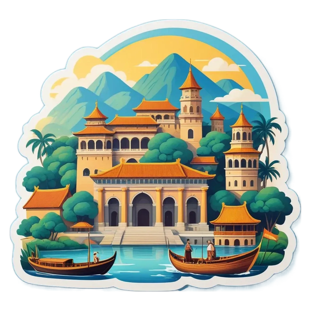 A landscape with mountains in the background and a castle in the foreground.