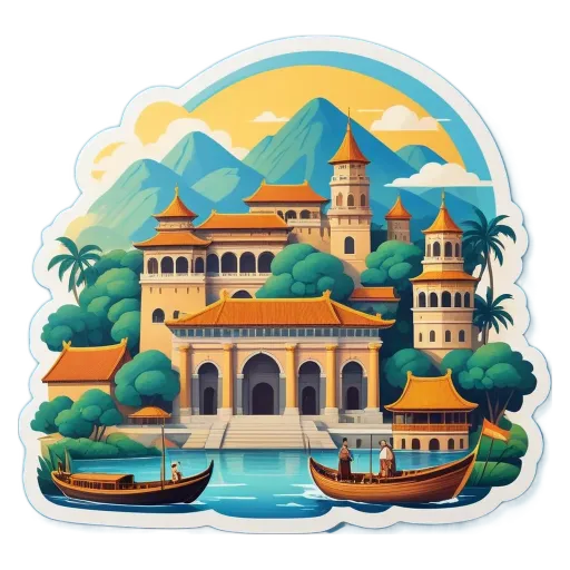 A landscape with mountains in the background and a castle in the foreground.