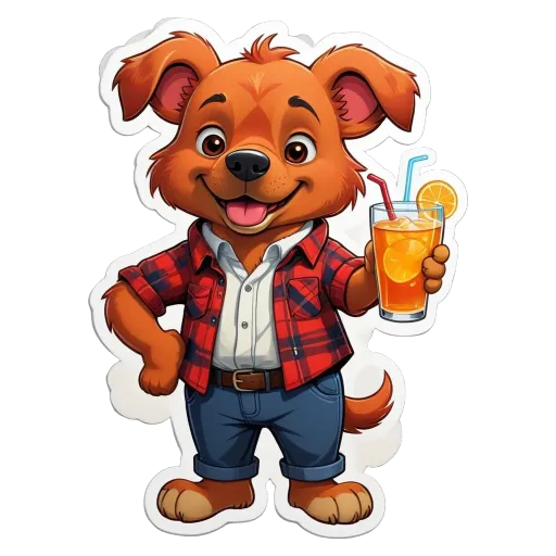 A cartoon dog wearing a plaid shirt and holding a glass of orange juice.
