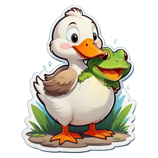 A cartoon duck with a frog friend is standing on a black background.
