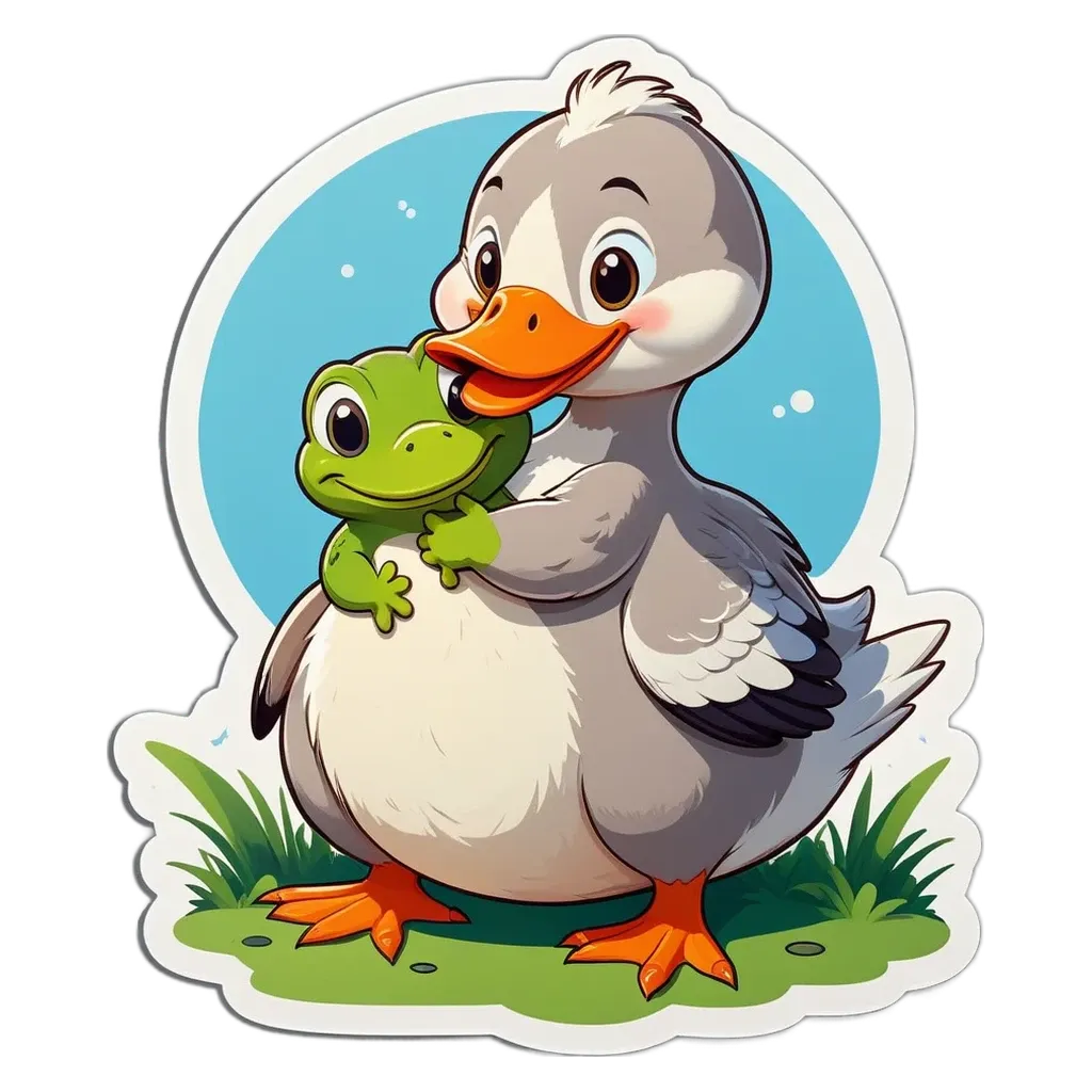 A duck with a frog is hugging a cartoon duckling.