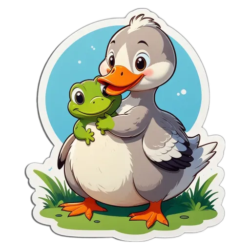 A duck with a frog is hugging a cartoon duckling.