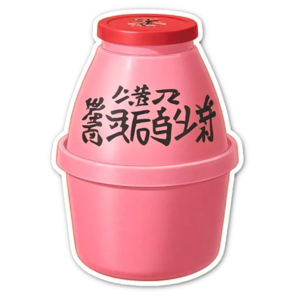 A pink container of Japanese characters sits on a black background.
