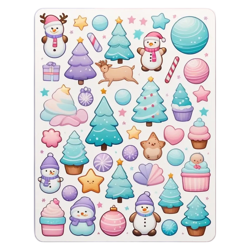 A white board with many different snow scenes and trees.