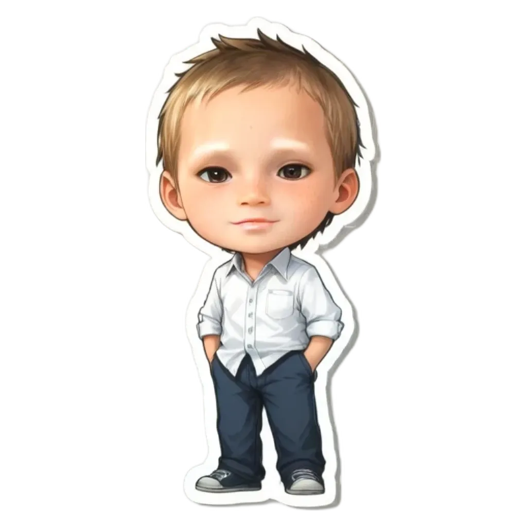 A cartoon boy standing with his hands in his pockets.