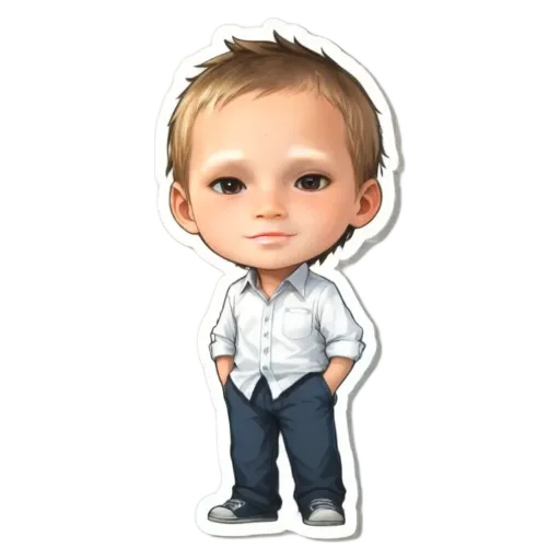 A cartoon boy standing with his hands in his pockets.