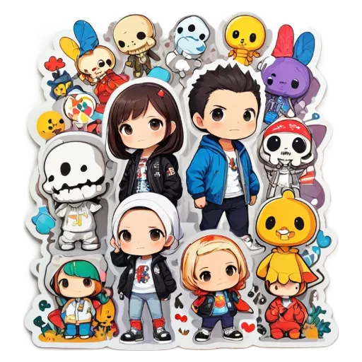 A collection of anime stickers featuring a couple and their kids.