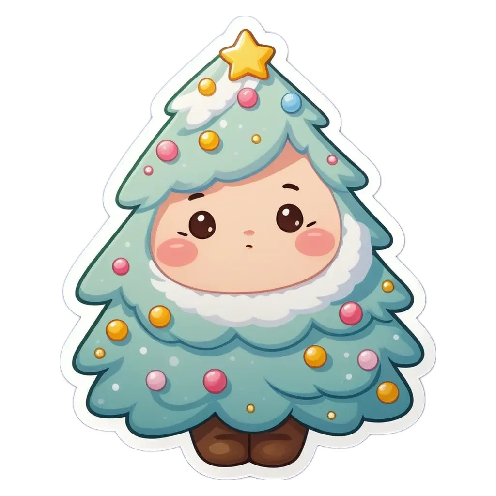 A cute christmas tree sticker with a girl on it.