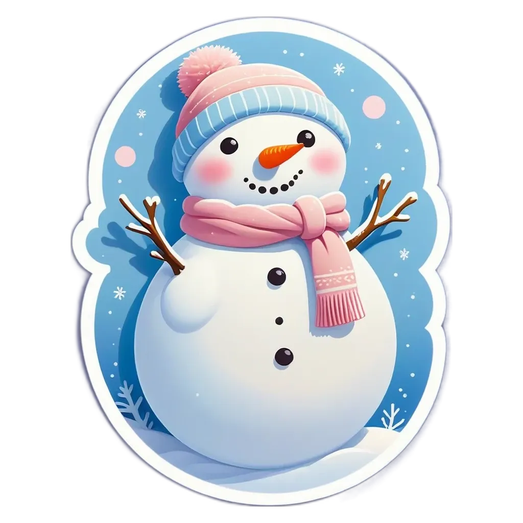 A snowman with a pink scarf is in the snow.
