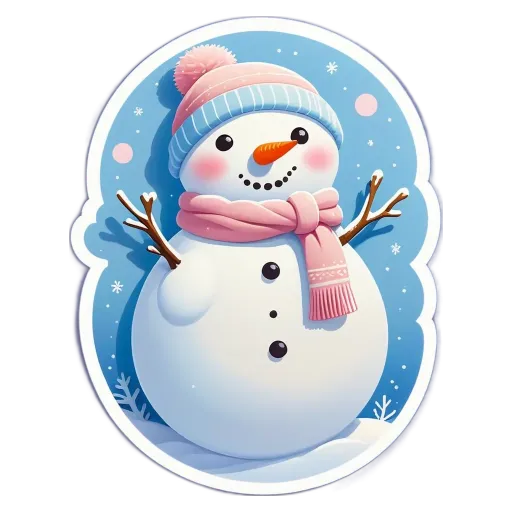A snowman with a pink scarf is in the snow.