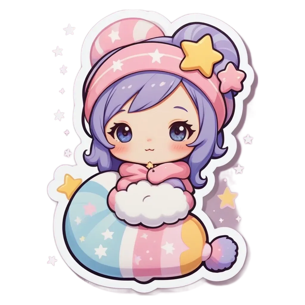 A girl with stars on her head is sitting on a cloud.