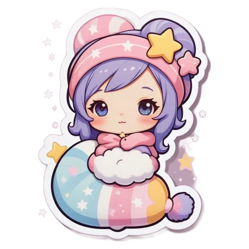A girl with stars on her head is sitting on a cloud.