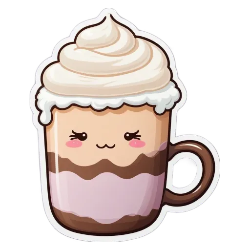 A sticker of a cup of coffee with whipped cream.