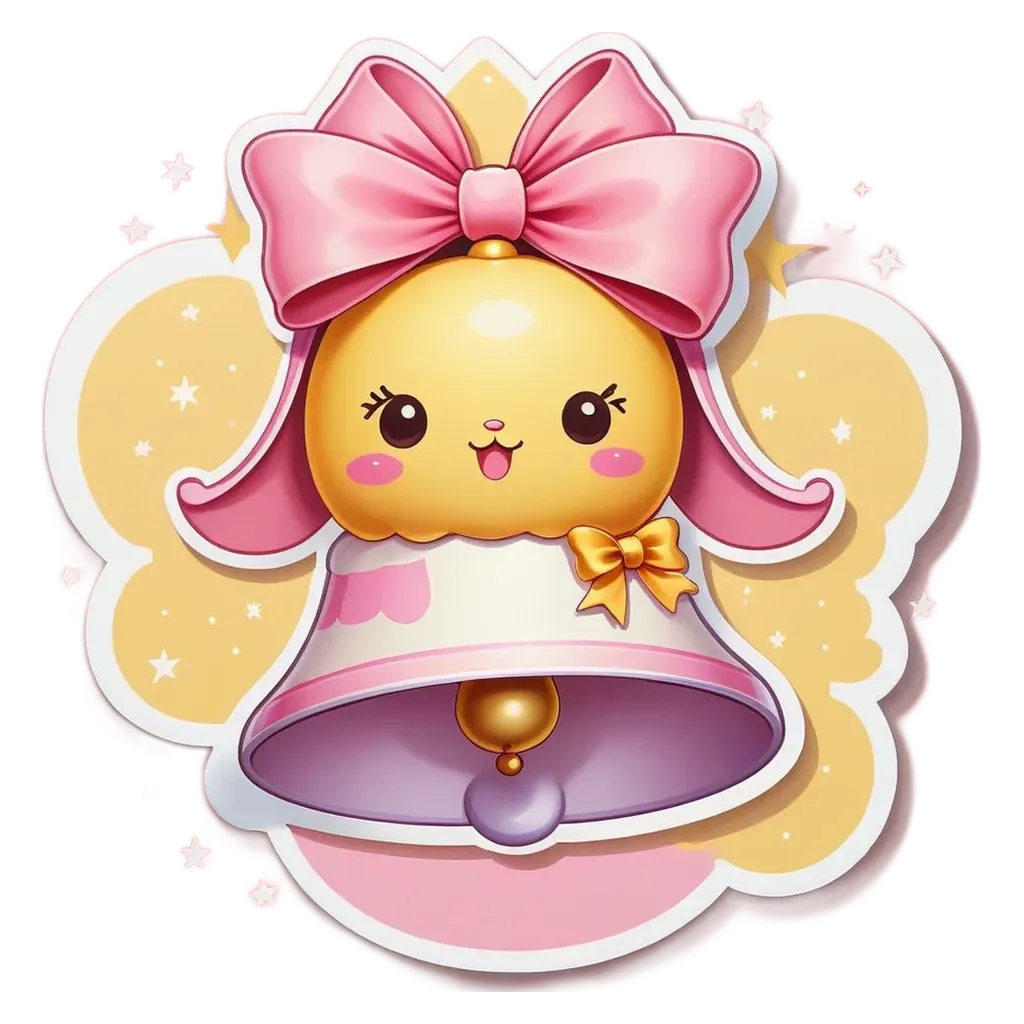 A bell with a yellow face and a pink bow is in a circle.