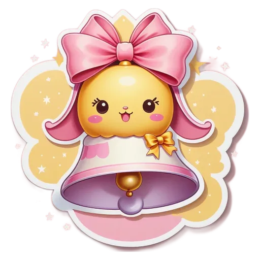 A bell with a yellow face and a pink bow is in a circle.