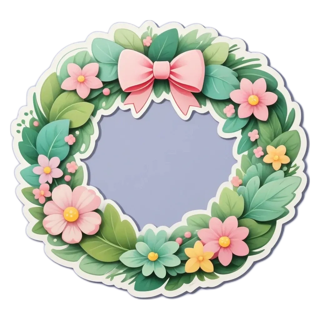 A wreath is made up of flowers and has a pink bow in the center.