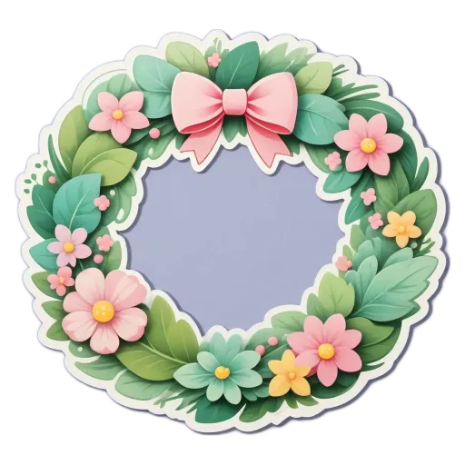 A wreath is made up of flowers and has a pink bow in the center.