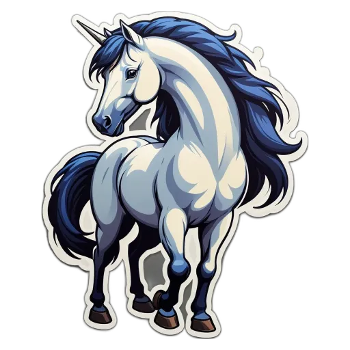 A white unicorn with blue feet is standing on a black background.
