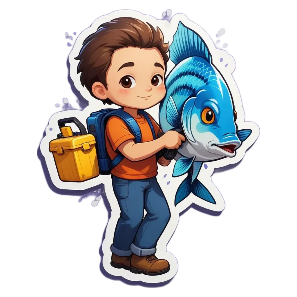 A boy holds a fish in a cartoonish boy.