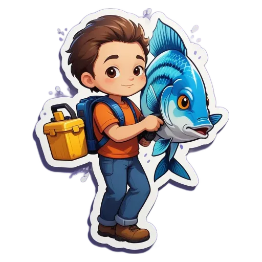 A boy holds a fish in a cartoonish boy.