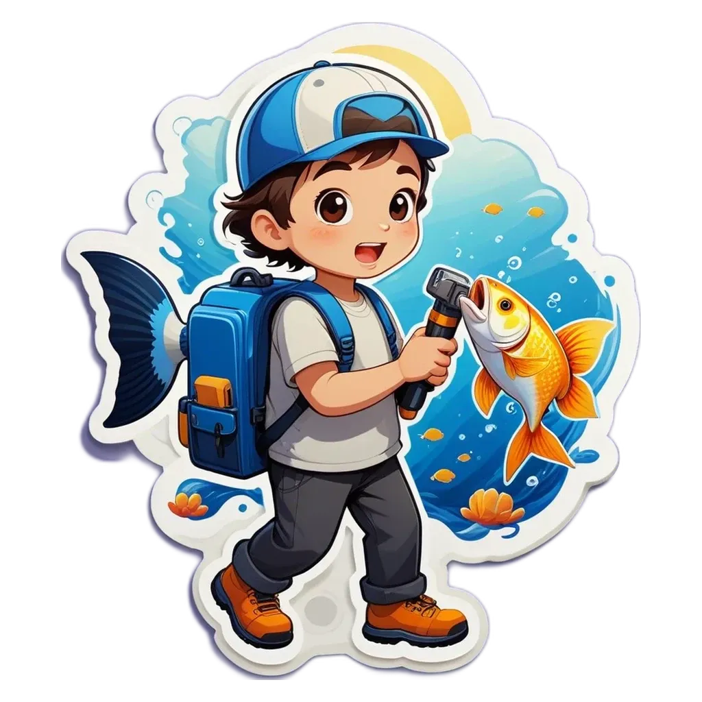 A boy with a backpack holding a fish and a fishing pole.