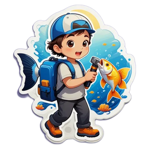 A boy with a backpack holding a fish and a fishing pole.