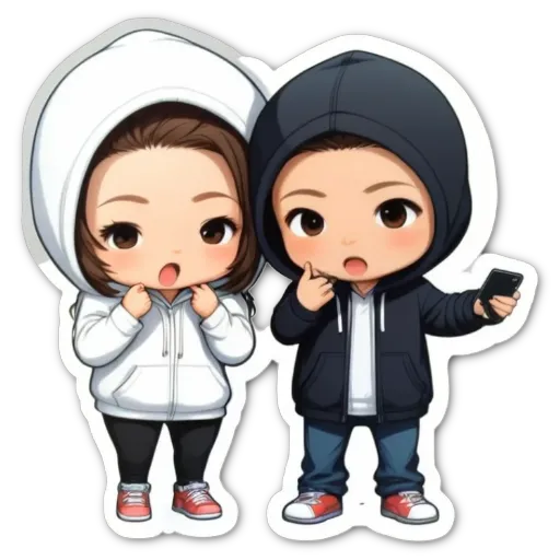 A boy and girl wearing white tights and hoodies are holding a cell phone.
