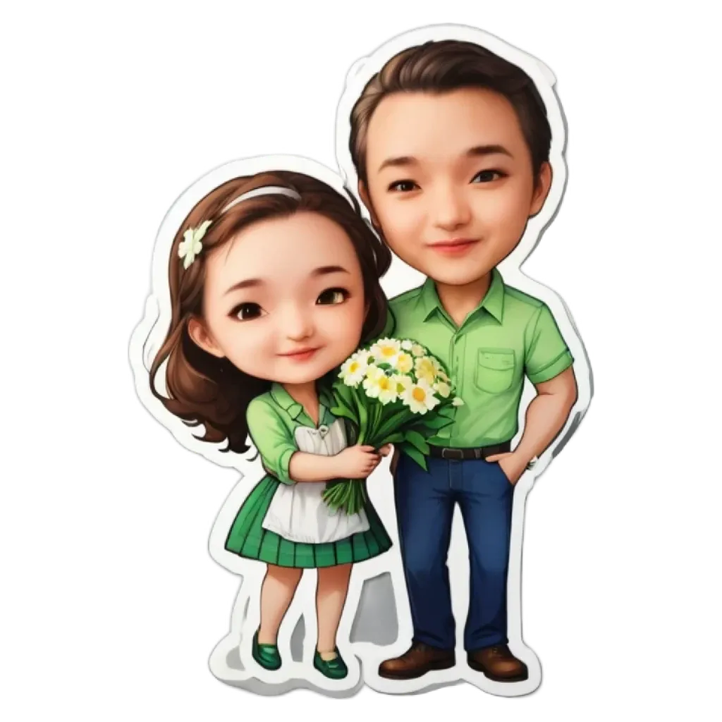 A cartoon picture of a man and woman holding flowers.