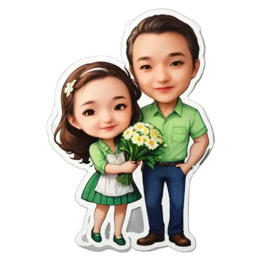 A cartoon picture of a man and woman holding flowers.