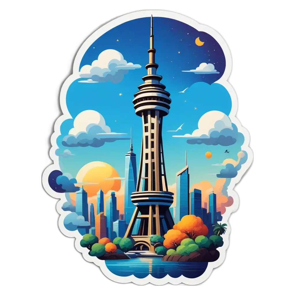 A sticker of a tower in a city with a beach and palm trees.