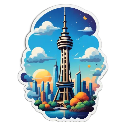 A sticker of a tower in a city with a beach and palm trees.