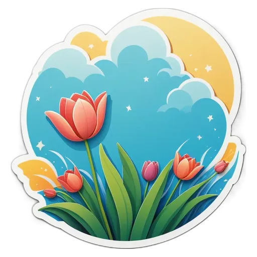 A colorful sticker of a moon and flowers with five tulips.