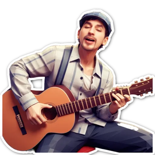 A man is sitting down and playing the guitar with a sticker of him on it.