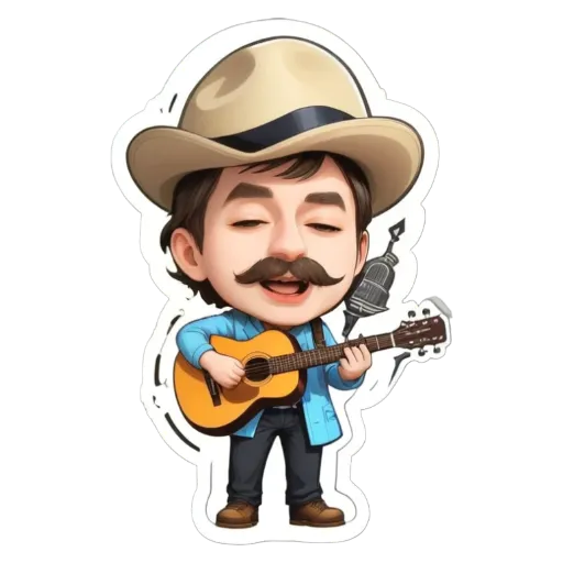 A boy playing guitar is wearing a straw hat.