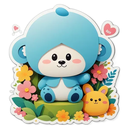 A cute cartoon animal wearing a blue outfit and surrounded by flowers.