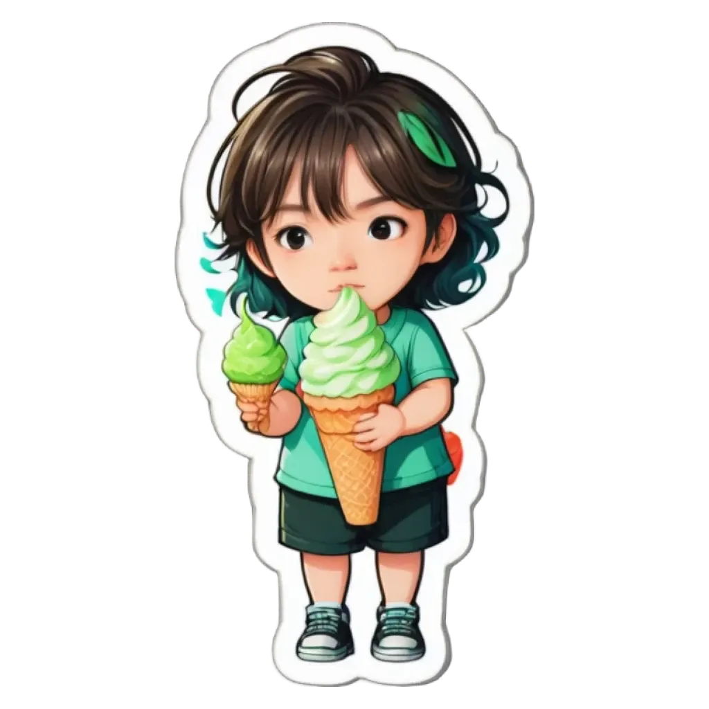 A girl eating ice cream in a cartoon character.