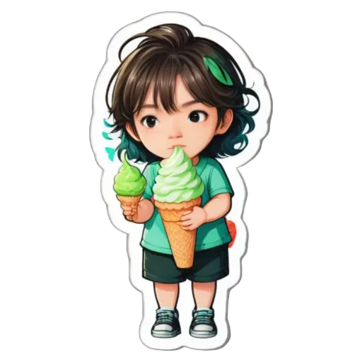 A girl eating ice cream in a cartoon character.